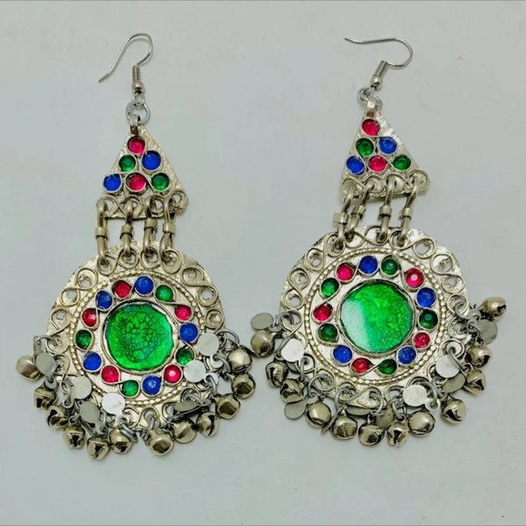 Afghan Kuchi Dangle Earrings: Silver Bells, Glass Stones, Boho Jewelry - Picture 3 of 7
